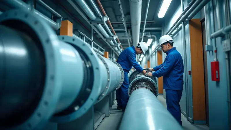 Technicien spécialisé en chemisage effectuant une intervention professionnelle de rénovation par résine époxy sur une canalisation d'évacuation dans un immeuble moderne
